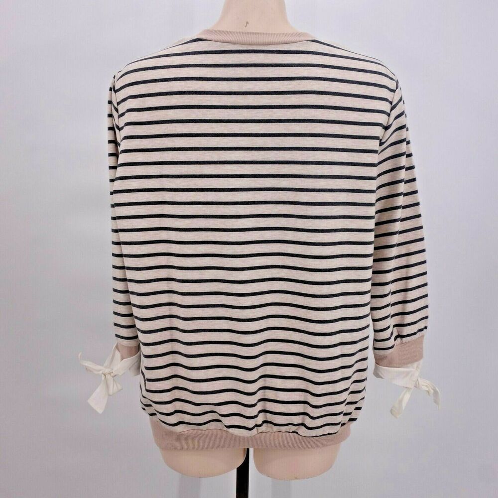 Doe & Rae Taupe Black Stripe Long Sleeve Knit Shirt Top Tie Wrist Women's Small - Picture 4 of 5